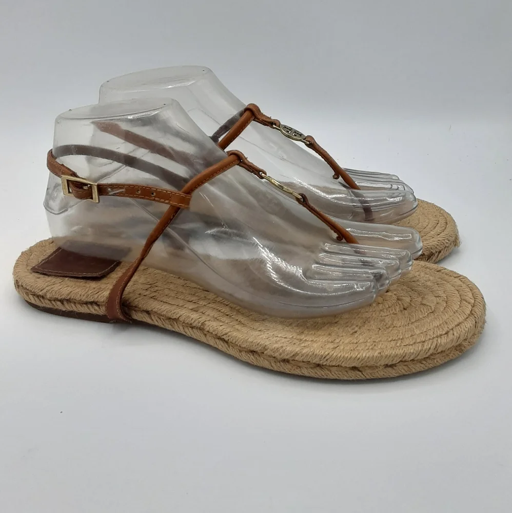 Tory Burch Emmy Brown Leather Espadrille Flat Thong Sandal.